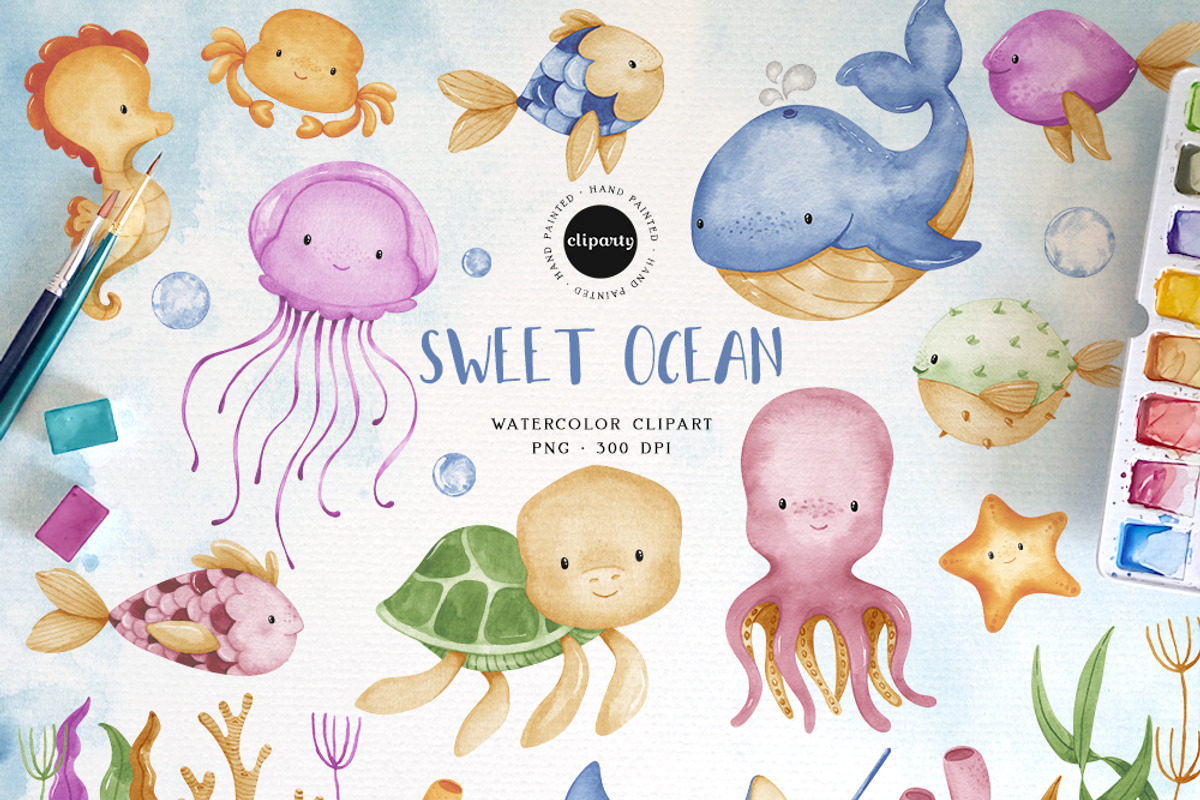 Sea Animals Watercolor Clipart, an Illustration by Gau Silva Studio (Photo 1 of 4)