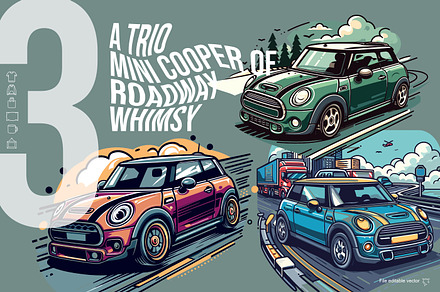 A Trio Mini Cooper of Roadway Whimsy