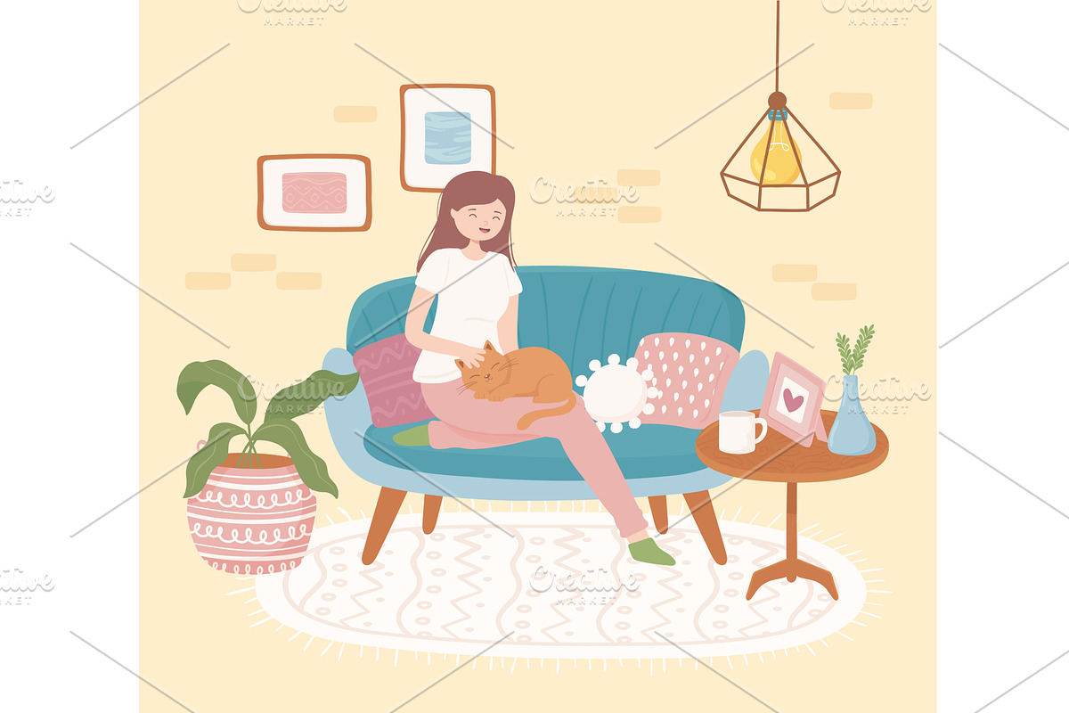 woman with cat, an Animal Illustration by studiogstock