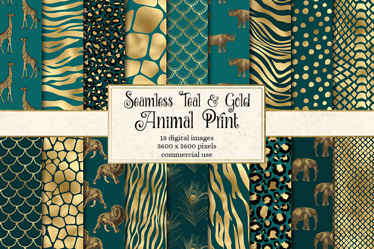 Teal and Gold Animal Print, a Pattern Graphic by Digital Curio