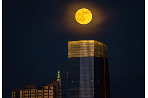 Harvest moon in the Austin skyline, an Architecture Photo by Backyard Stock
