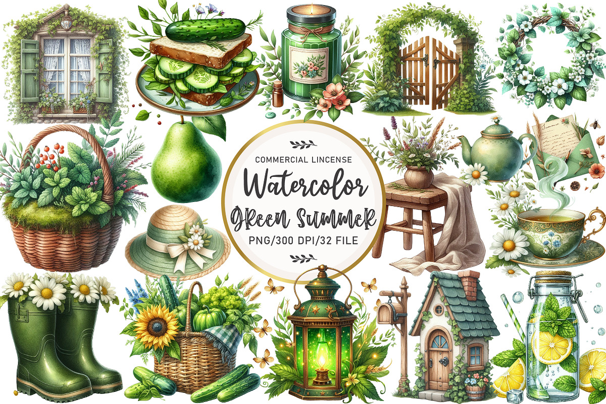 Green Summer Cottagecore Clipart, an Illustration by OK Design (Photo 1 of 4)