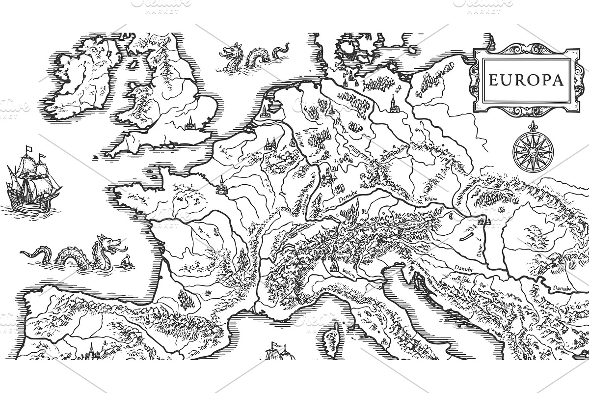 fantasy-style map of Europe with sea, an Illustration by AlexArt
