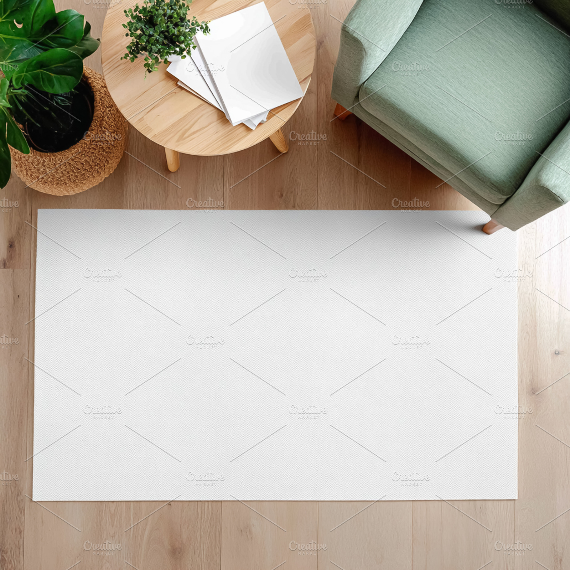 Blank white rug mockup on hardwood floor in a modern living room, a Photo by Studio ANNA