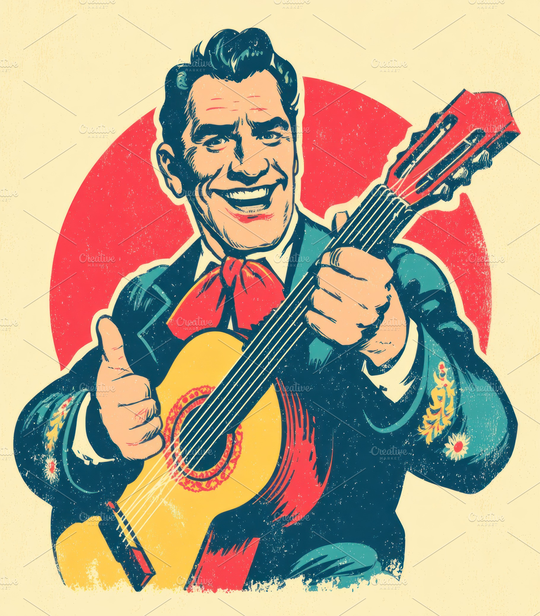 Smiling man in traditional suit playing guitar and giving thumbs, a Person Photo by José Manuel Gelpi