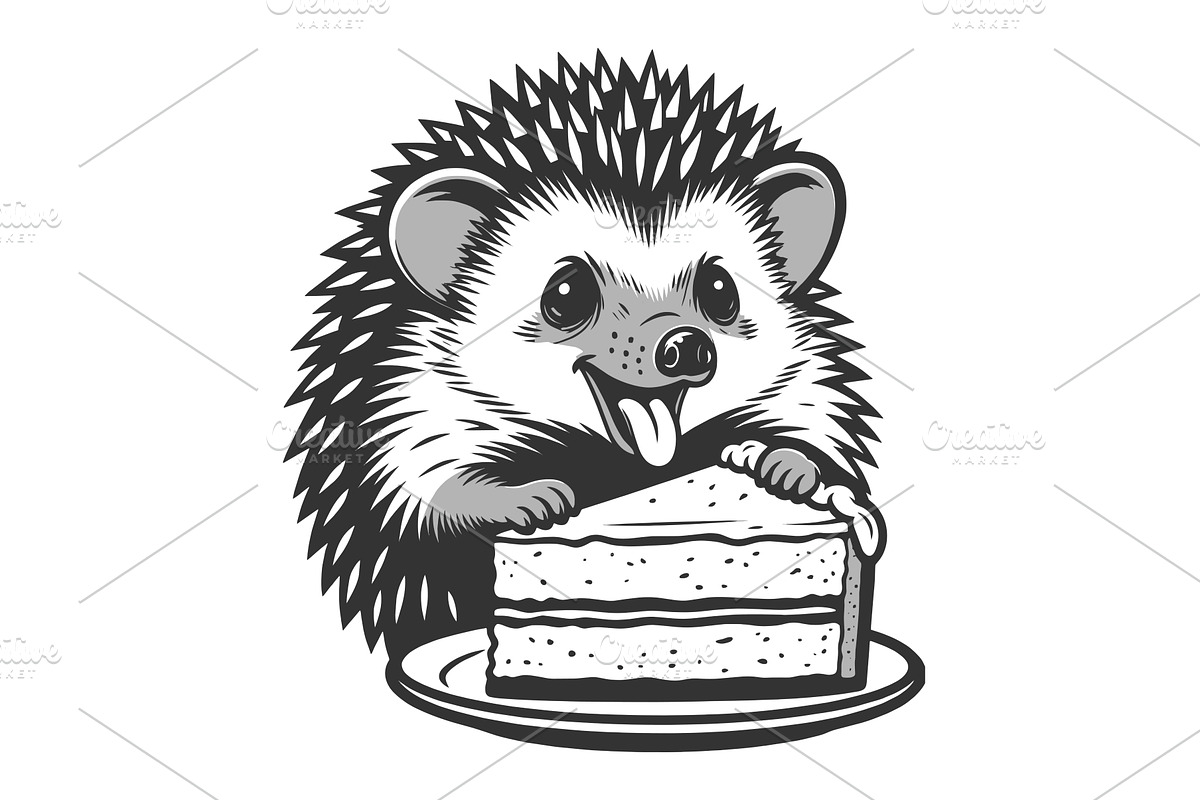 Cute Hedgehog Eating Cake Dessert, an Animal Illustration by AlexArt