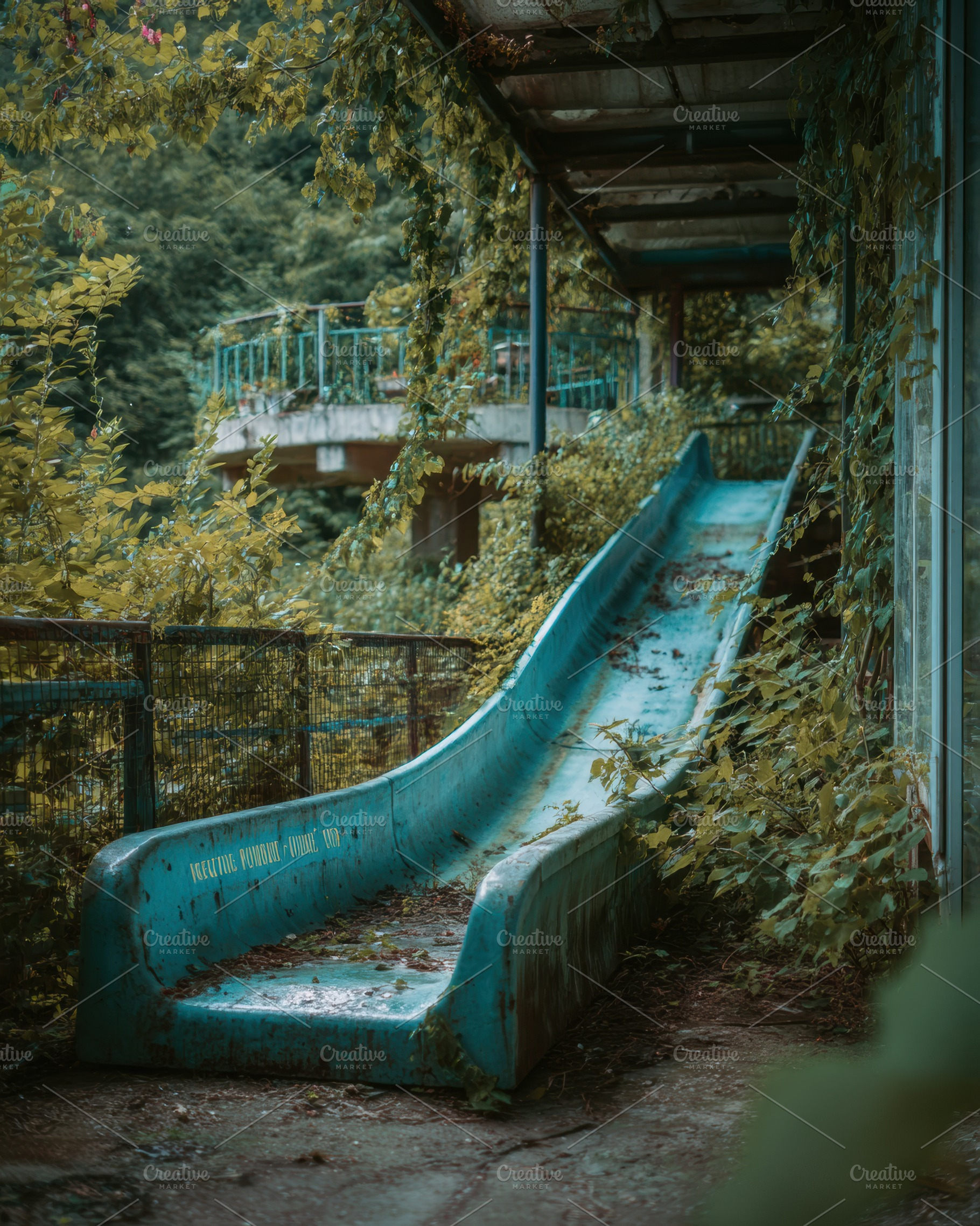 Abandoned slide in overgrown park, a Holiday Photo by Virgo Studio