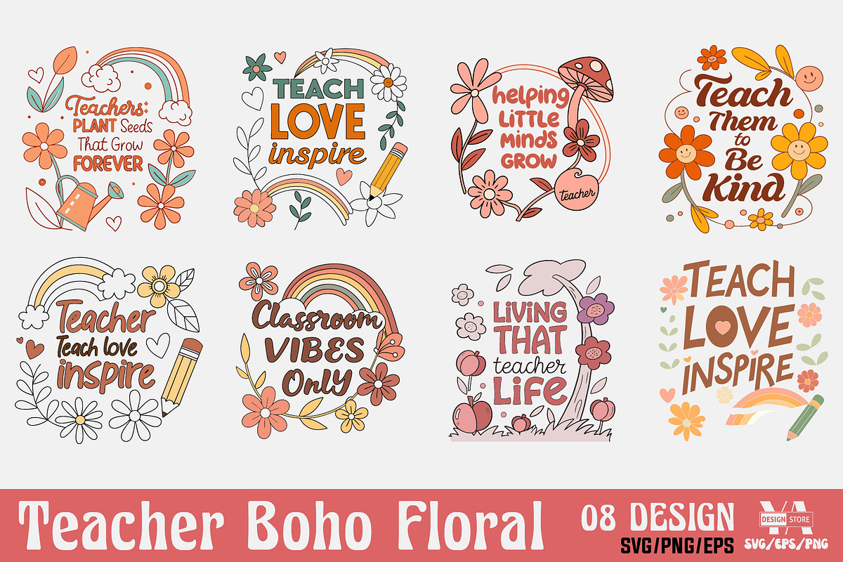 Teacher Boho Floral SVG PNG Bundle, an Illustration by Ya_ Design Store (Photo 1 of 17)