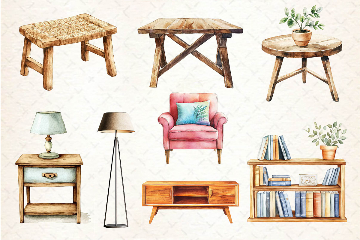 Watercolor Home Furniture Clipart, an Illustration by Dream Creation (Photo 3 of 6)