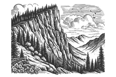 Rocky Mountain Landscape engraving, an Illustration by AlexArt