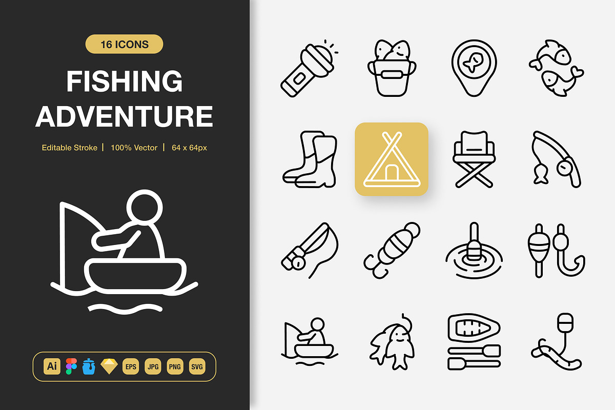 Fishing Adventure Icons, an Outline Icon by Spacepixel Creative