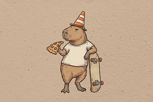 Capybara eating pizza skateboarding, an Animal Illustration by Vectorlina