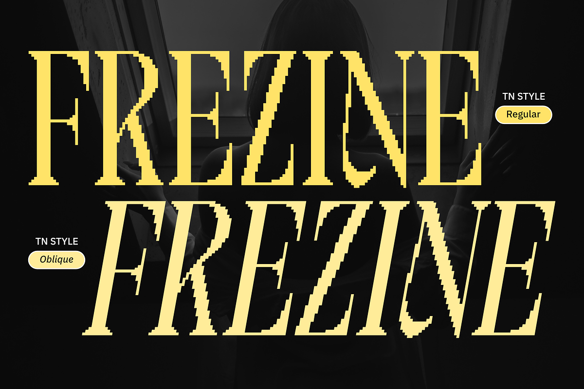 Frezine - Pixelated Condensed Serif, a Serif Font by Typia Nesia (Photo 1 of 10)