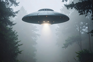 Mysterious UFO hovering above foggy forest with bright light, a Technology Photo by GoodGoods
