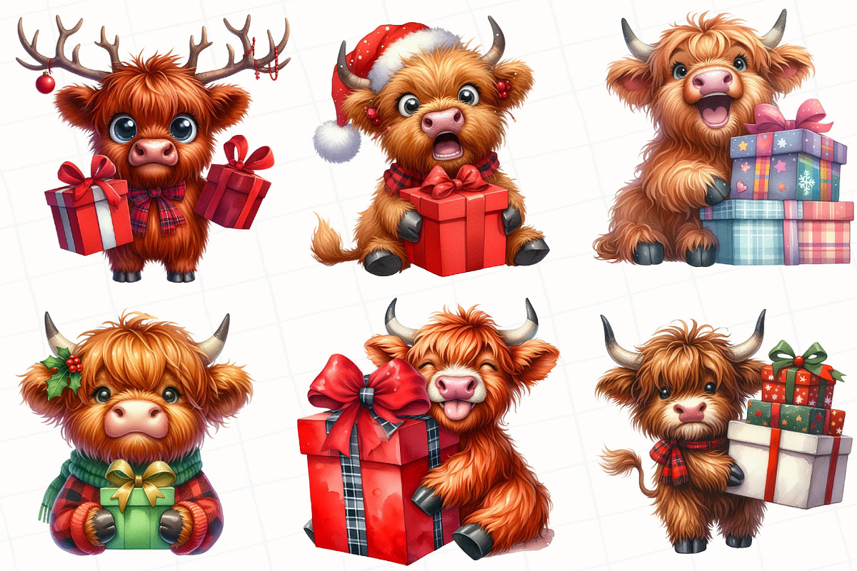 Christmas Highland Cow Clipart, an Illustration by OK Design (Photo 2 of 5)
