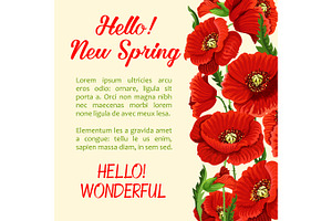 Vector Poster Of Poppy Flowers Hello Spring Quote