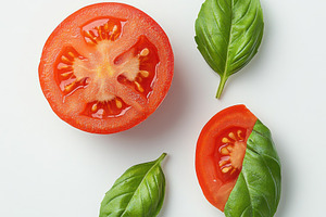 Ripe tomato with half a basil leaf,, a Food & Drink Photo by Pixeness Studio