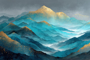 Golden Blue Misty Mountainscape Abst, a Photo by Pixeness Studio