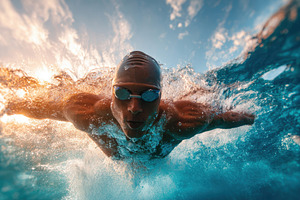 Swimmer Performing Butterfly Stroke at Sunset, a Sports & Recreation Photo by AlyaAnd