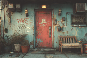 Red door on a weathered blue building with graffiti and rusted fixtures in an u, a Photo by AS photostudio