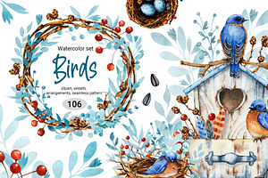 Christmas winter birds watercolor