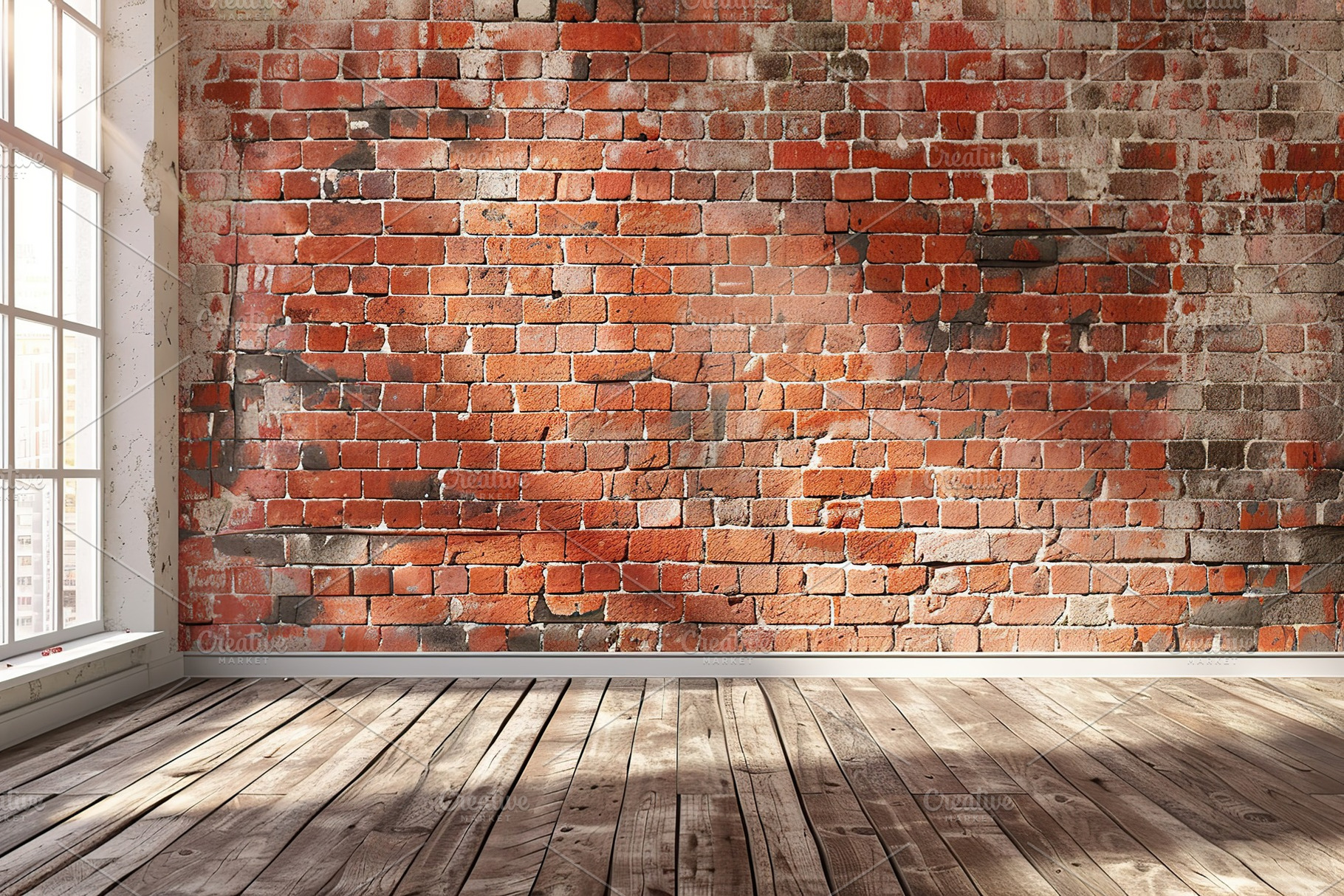 Wooden floor with red wall in room with sunlight through the window, a Background Photo by AlyaAnd