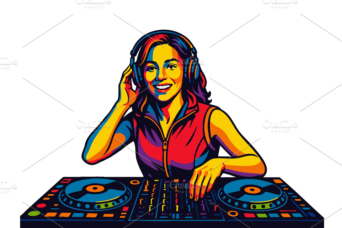 Smiling female DJ Mixing Music, a Person Illustration by AlexArt