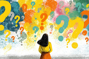 Woman stands in front of a colorful, a Photo by Pavel_design