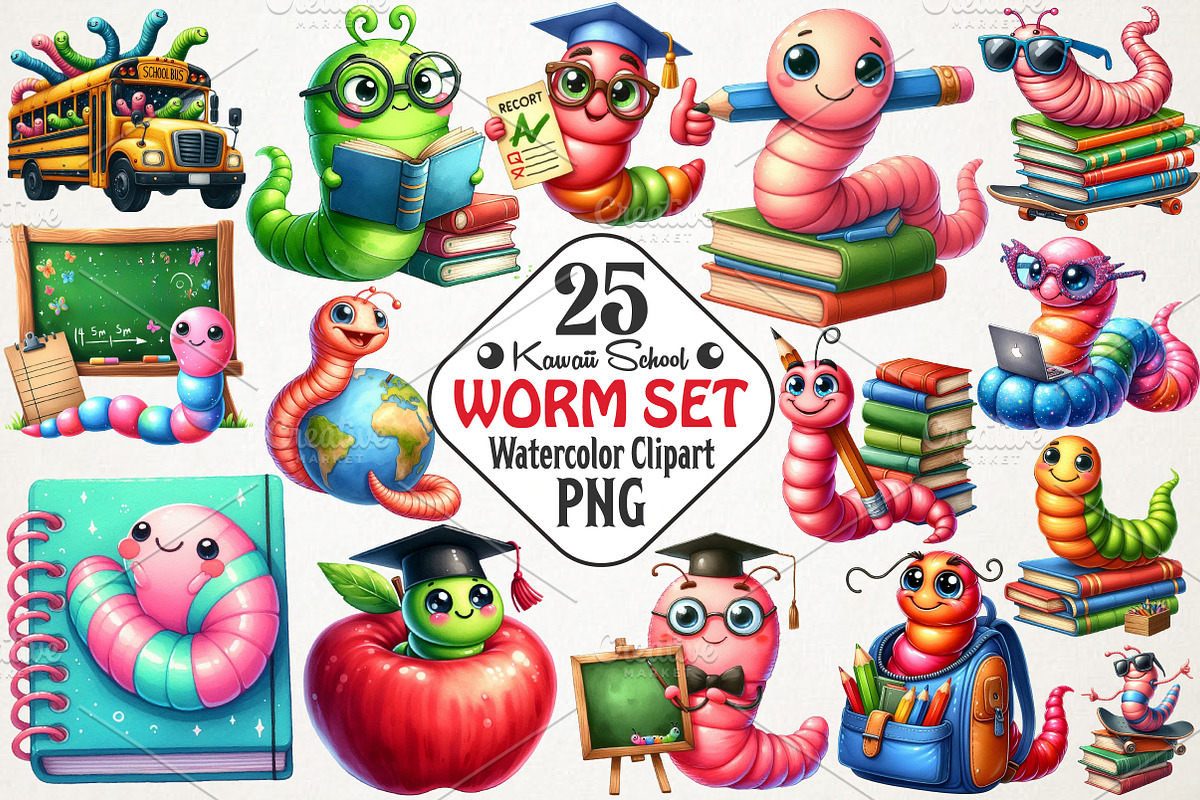 Kawaii School Worm Sublimation Png, an Illustration by RobertsArt (Photo 1 of 7)