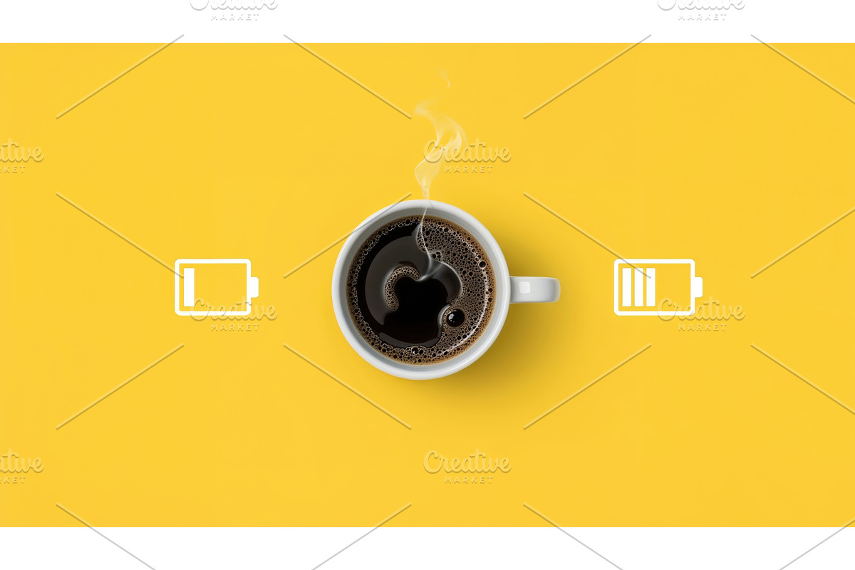 Steaming cup of coffee with battery, an Illustration by tilialucida
