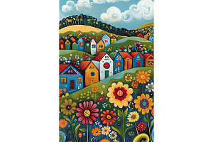 Colorful Village View Artwork, a Decorative Illustration by Art Paradise Studios