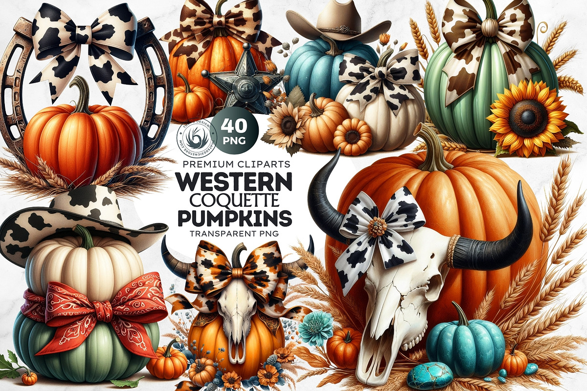 Fall Western coquette bow pumpkins, a Seasonal Illustration by ThatsDesignArt (Photo 1 of 10)