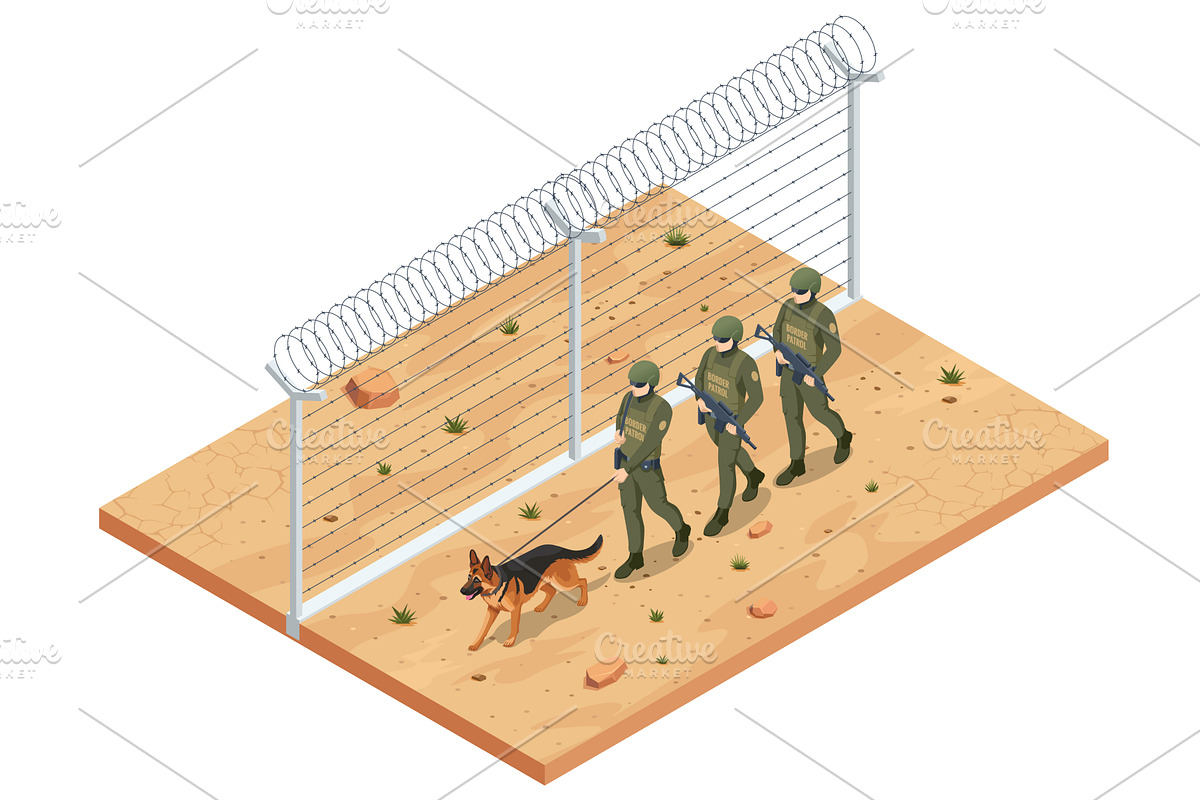 Isometric border patrol with armed, a Person Illustration by Golden Sikorka