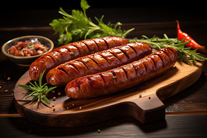 Grilled sausages on wooden table, a Food & Drink Photo by AlyaAnd