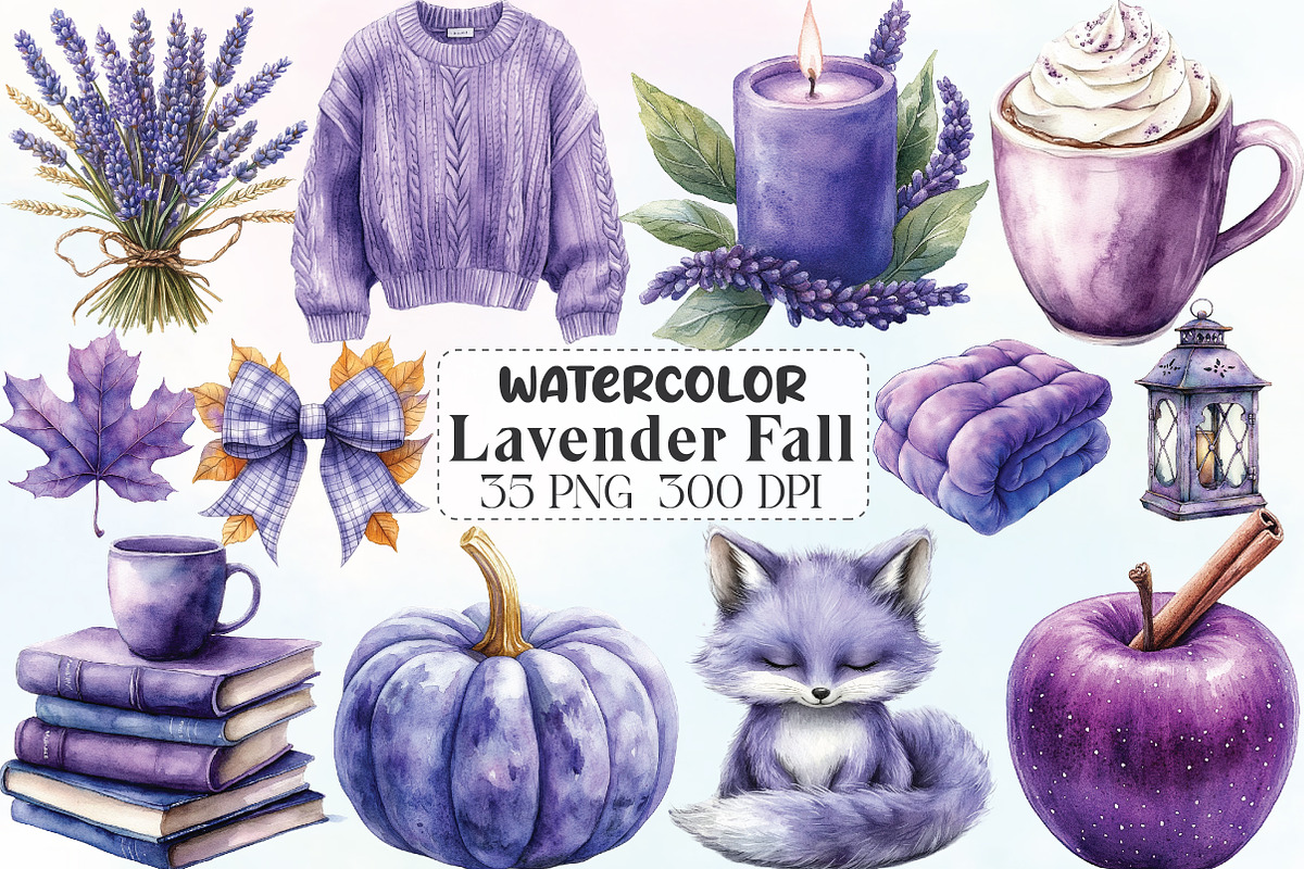 Watercolor Lavender Fall Clipart, an Illustration by CraftArtStudio (Photo 1 of 6)
