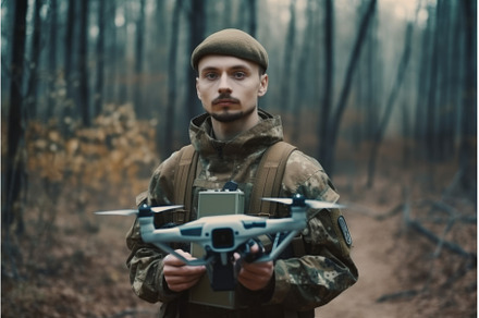 Soldier drone forest cyber. Generate, a Technology Photo by Ylivdesign