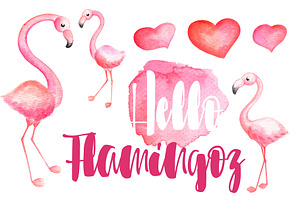 Pink Flamingo And Hearts Watercolor, an Illustration by RabbitAndPencil