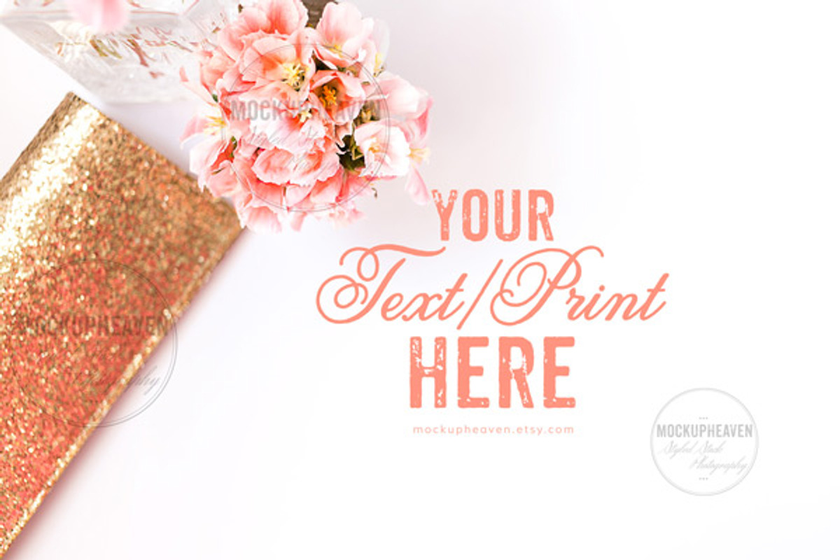 Pink Gold Desktop, Invitation Mockup, a Print Template by MockUpHeaven