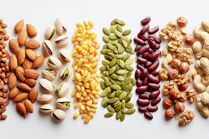 Assorted nuts and seeds flat lay on white background, a Food & Drink Photo by AlyaAnd