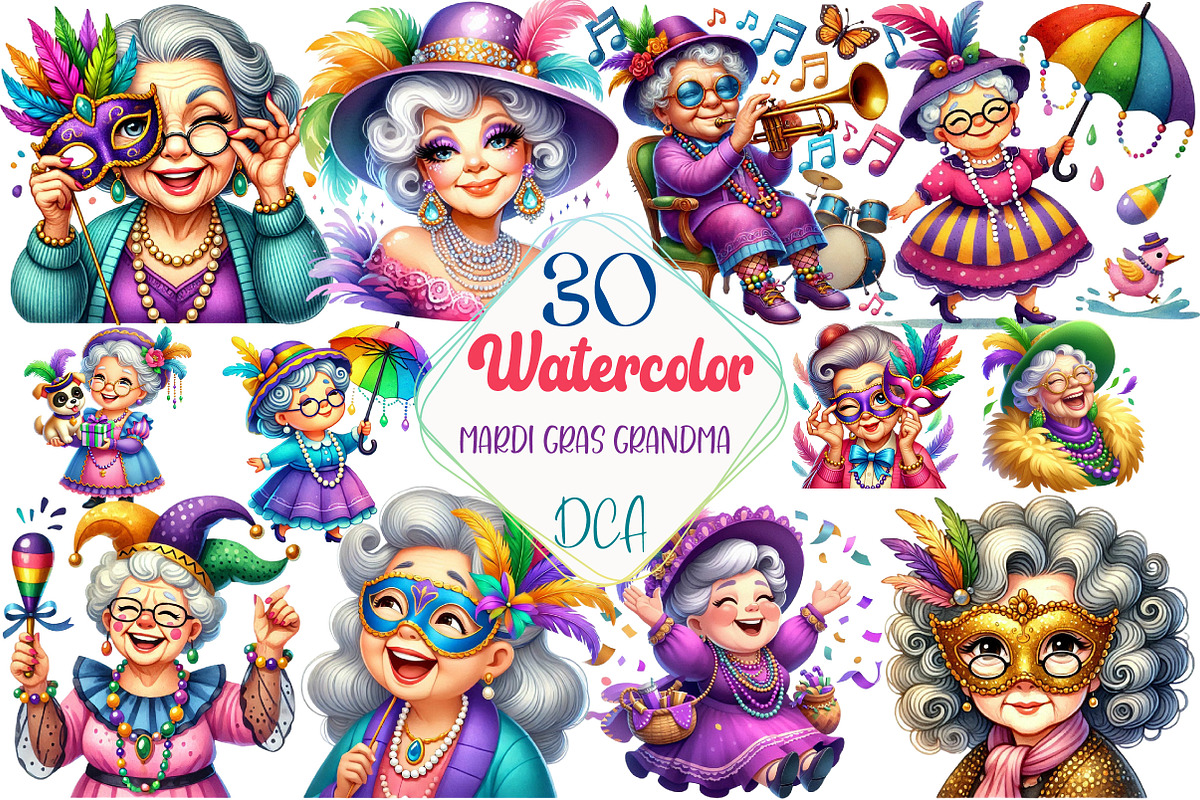 Mardi Gras Grandma Clipart Bundle, an Illustration by DreamCafeArt (Photo 1 of 3)