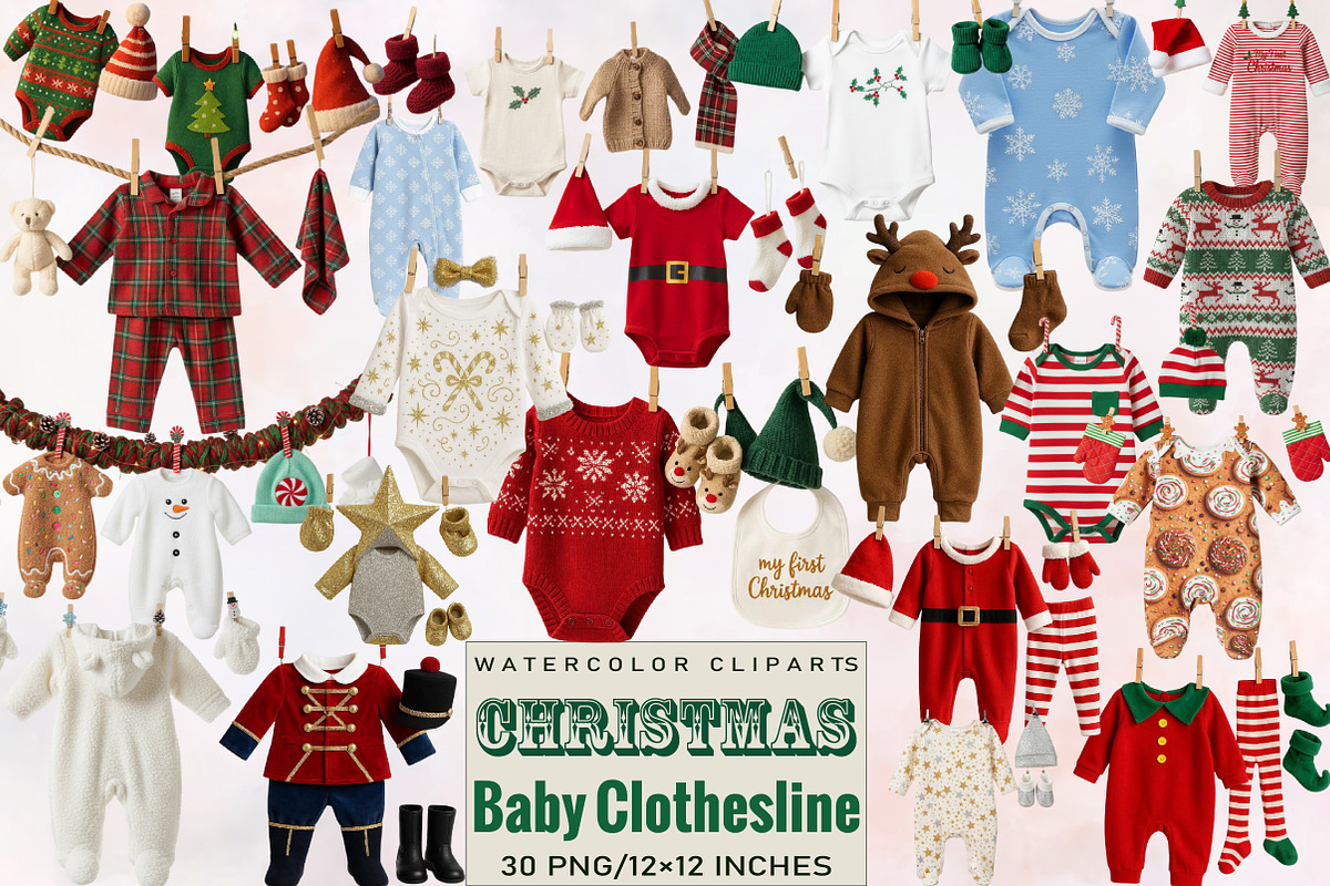 Christmas Baby Clothesline Clipart B, an Illustration by SVGArt (Photo 1 of 8)