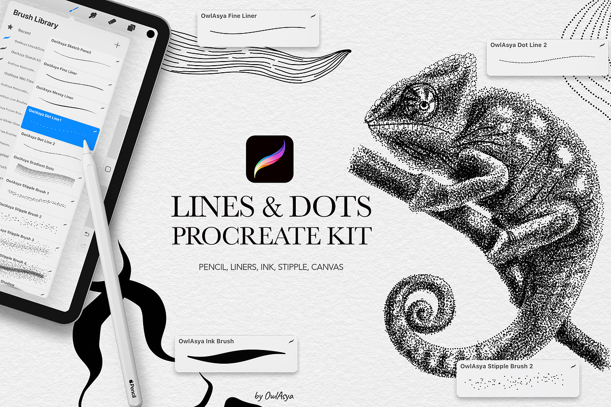 Line & Dots Procreate Brushes Kit, a Brush Add-On by owlasya (Photo 1 of 6)