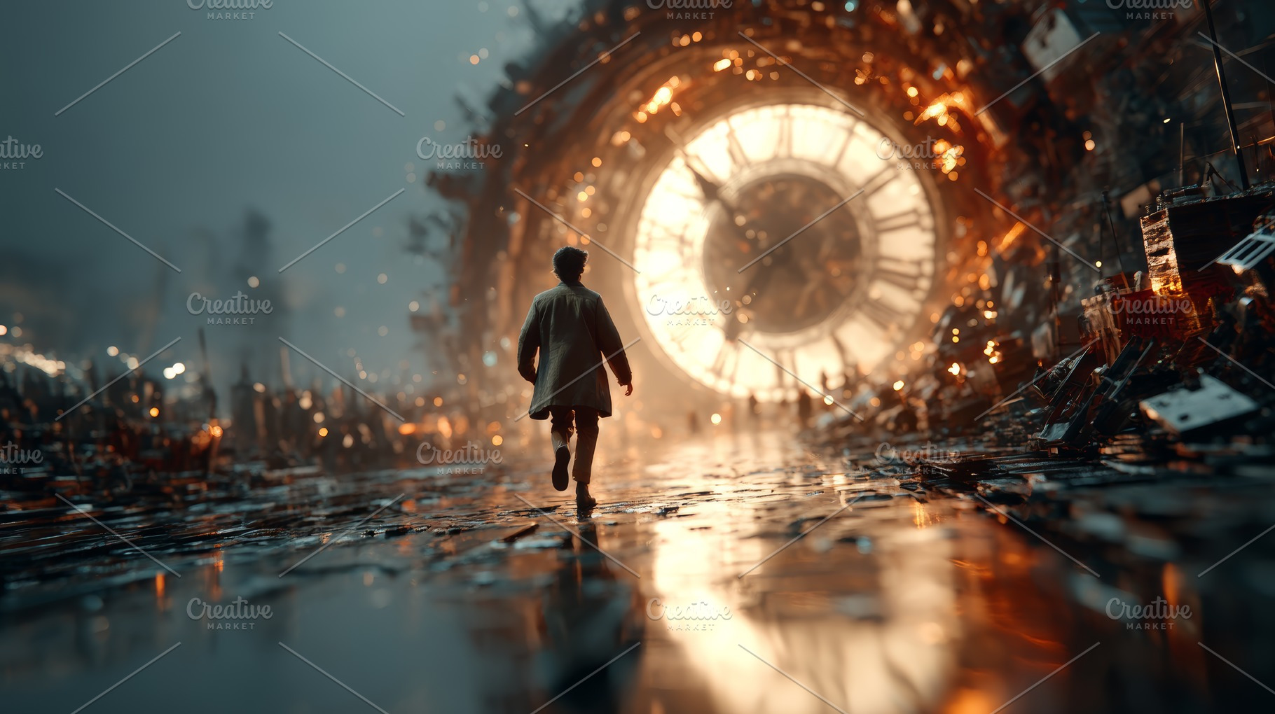 Man walks toward a glowing clock gateway in a ruined city during a dramatic tim, a Photo by AS photostudio