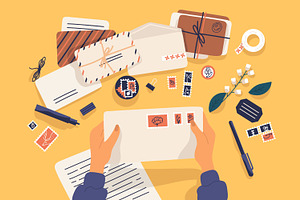 Sending letter composition and stamp, a Decorative Illustration by Good Studio