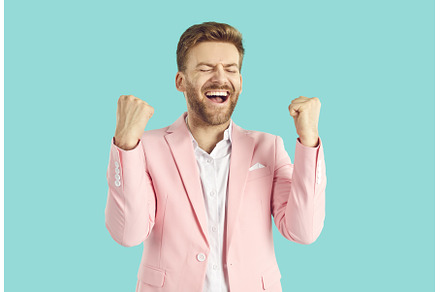 Young overjoyed happy man in pink, a Person Photo by StudioRomantic
