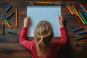 A young girl with blonde hair sits at a rustic wooden table, ready to draw with, a Person Photo by ImageMir