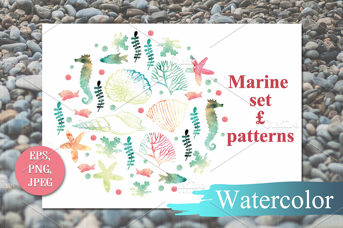 Marine set of elements for design, an Illustration by Watercolor dreams