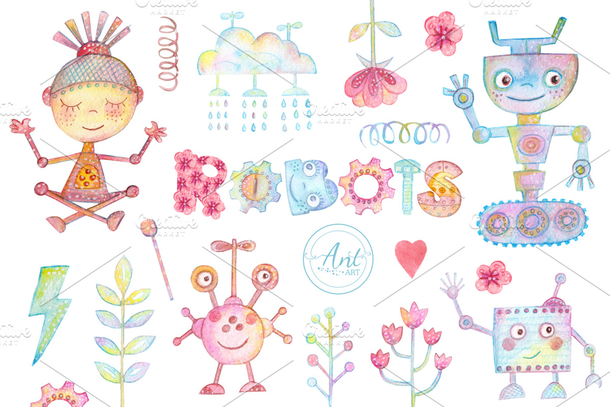 Watercolor Robots Party, an Animal Illustration by antuanetto (Photo 2 of 15)