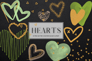 Green Watercolour Gold Glitter Heart