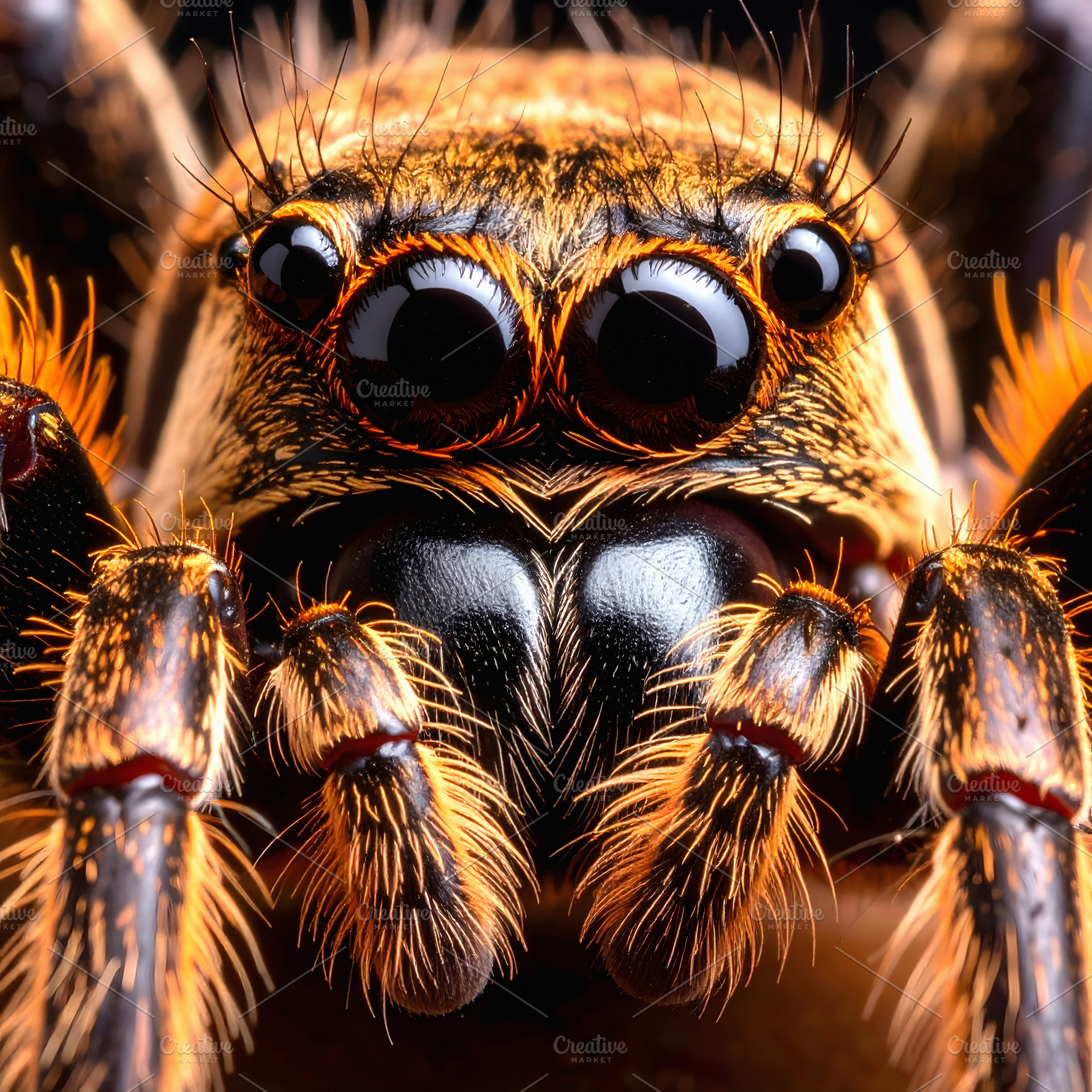 Tarantula macro portrait showing eyes and hairy orange legs, an Animal Photo by GoodGoods